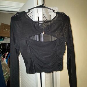 Black Mesh Long-Sleeve Crop Top with butterfly charm from shein